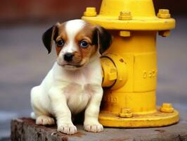 Cute puppy sitting by a fire hydrant AI Generative photo
