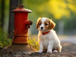 Cute puppy sitting by a fire hydrant AI Generative photo