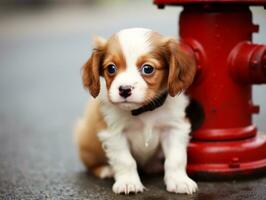 Cute puppy sitting by a fire hydrant AI Generative photo