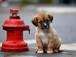 Cute puppy sitting by a fire hydrant AI Generative photo