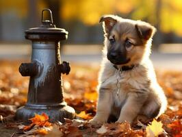 Cute puppy sitting by a fire hydrant AI Generative photo