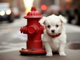 Cute puppy sitting by a fire hydrant AI Generative photo