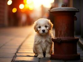 Cute puppy sitting by a fire hydrant AI Generative photo