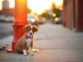 Cute puppy sitting by a fire hydrant AI Generative photo