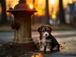 Cute puppy sitting by a fire hydrant AI Generative photo