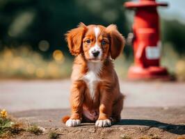 Cute puppy sitting by a fire hydrant AI Generative photo