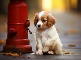 Cute puppy sitting by a fire hydrant AI Generative photo