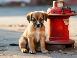 Cute puppy sitting by a fire hydrant AI Generative photo