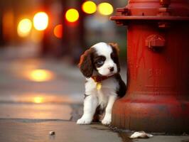 Cute puppy sitting by a fire hydrant AI Generative photo