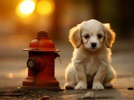 Cute puppy sitting by a fire hydrant AI Generative photo