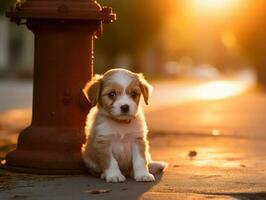 Cute puppy sitting by a fire hydrant AI Generative photo