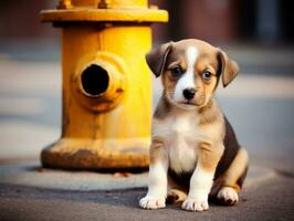 Cute puppy sitting by a fire hydrant AI Generative photo