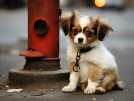 Cute puppy sitting by a fire hydrant AI Generative photo