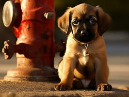 Cute puppy sitting by a fire hydrant AI Generative photo