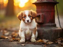 Cute puppy sitting by a fire hydrant AI Generative photo