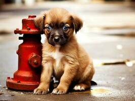 Cute puppy sitting by a fire hydrant AI Generative photo