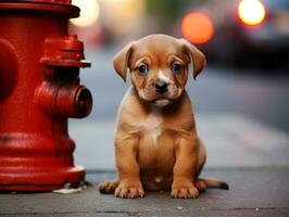 Cute puppy sitting by a fire hydrant AI Generative photo