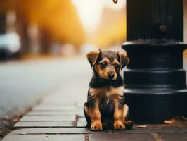 Cute puppy sitting by a fire hydrant AI Generative photo