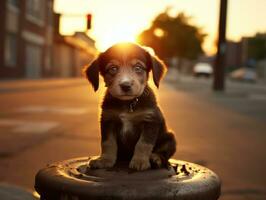 Cute puppy sitting by a fire hydrant AI Generative photo