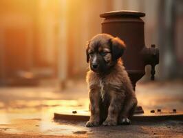 Cute puppy sitting by a fire hydrant AI Generative photo