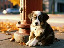 Cute puppy sitting by a fire hydrant AI Generative photo