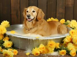 sereno perro disfrutando un masaje a un mascota spa ai generativo foto