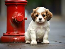 Cute puppy sitting by a fire hydrant AI Generative photo