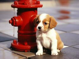 Cute puppy sitting by a fire hydrant AI Generative photo