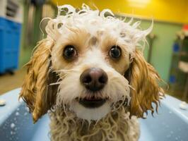 Serene dog enjoying a massage at a pet spa AI Generative photo