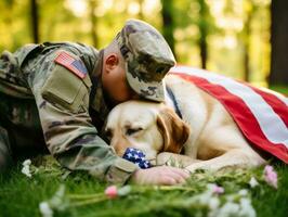 orgulloso Servicio perro ayudando sus propietario con un invalidez ai generativo foto