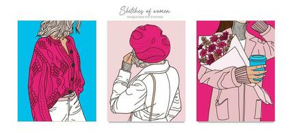 Aesthetic Female sketches, silhouettes. Boho woman portraits in vibrant pink colors. Collection of contemporary art posters. Girl with coffee, bouquet of flowers, beret. Fashion model print, poster. vector