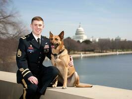 orgulloso Servicio perro ayudando sus propietario con un invalidez ai generativo foto