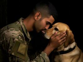 orgulloso Servicio perro ayudando sus propietario con un invalidez ai generativo foto