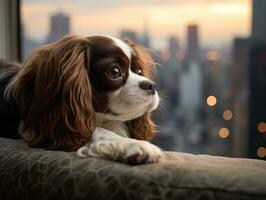 Pensive dog resting on a soft couch with a view of the city AI Generative photo