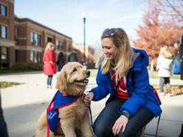 orgulloso Servicio perro ayudando sus propietario con un invalidez ai generativo foto