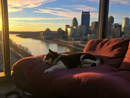 Pensive dog resting on a soft couch with a view of the city AI Generative photo