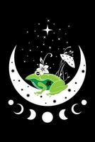 Spiritual sacred frog over magic mushroom in witchcraft crescent moon. Mystical celestial toad with moon phases and stars. Witchy esoteric fungus logo tattoo. wiccan clipart isolated on white vector