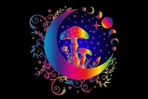 Celestial Mystical boho mushrooms, magic Amanita Muscaria with moon and stars, witchcraft symbol, witchy esoteric Psychedelic concept. Party rave, trance music, Moon Phase, floral elements on black vector