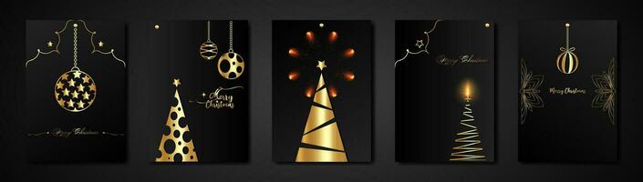 Merry Christmas gold collection, black set template, holiday tree and xmas elements, stars e baubbles. Golden luxury frames ideal for greeting card, poster or web design, vertical black background vector