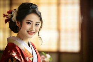 hermosa japonés nacionalidad hembra sonriente y vistiendo kimono retratos bokeh estilo antecedentes foto