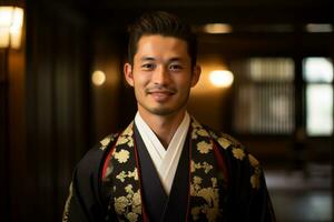 japonés hombre vistiendo un hakama y sonriente bokeh estilo antecedentes foto
