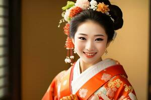 hermosa japonés nacionalidad hembra sonriente y vistiendo kimono retratos bokeh estilo antecedentes foto