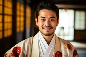 japanese man wearing a hakama and smiling bokeh style background photo