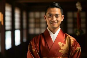 japonés hombre vistiendo un hakama y sonriente bokeh estilo antecedentes foto