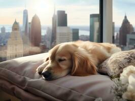Pensive dog resting on a soft couch with a view of the city AI Generative photo