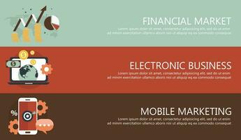 Financial market, electronic business, mobile marketing banners Flat vector illustration