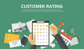 Customer rating banner. Desk with equipment. Document with stars. Flat vector illustration