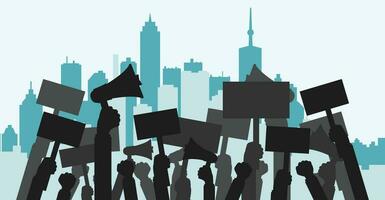 Concept for protest, revolution or conflict. Silhouette crowd of people protesters. Flat vector illustration.