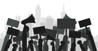 Concept for protest, revolution or conflict. Silhouette crowd of people protesters. Flat vector illustration.