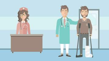 Patient with broken leg and his doctor standing in hospital corridor. Flat vector illustration